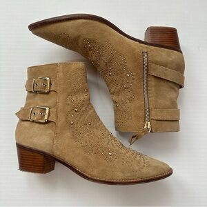 Zara Suede Gold Studs Buckle Western Ankle Boots Size 10 6124/301